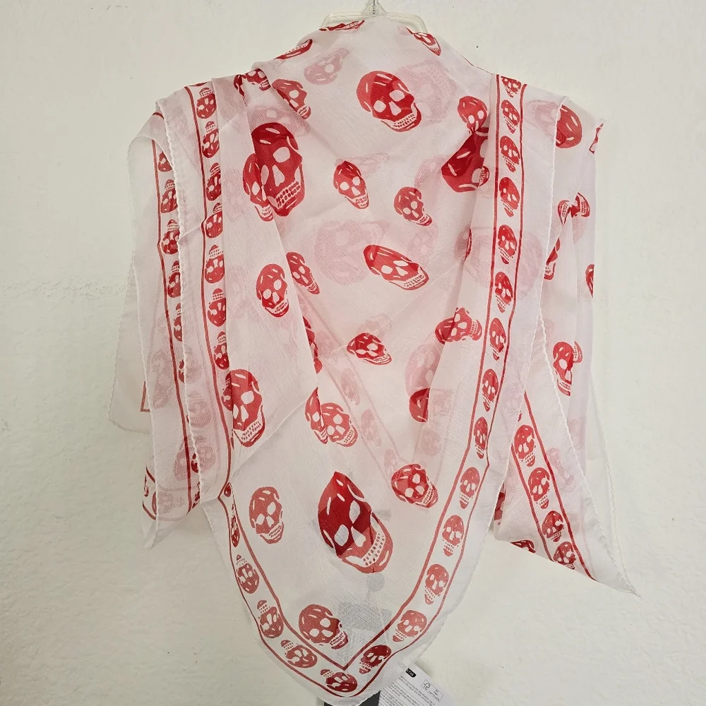 Alexander McQueen Skull Silk Scarf White Red